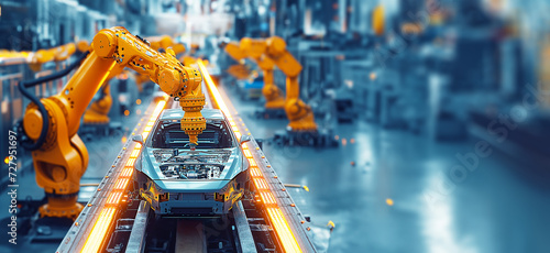 Automatic robots assemble cars in an assembly line at an assembly shop, industrial landscapes, a factory assembling cars for customers, shimmering metallics, the auto body works,