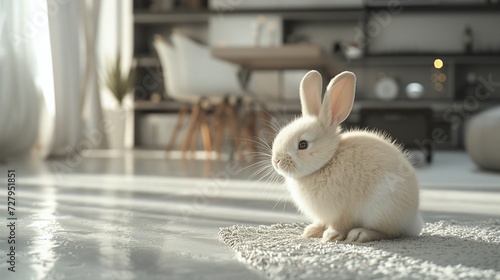 Adorable Fluffy Beige Easter Bunny Sitting on a Soft Gray Rug in a Bright Modern Home Interior with Stylish Furniture and Warm Natural Light Filtering through Sheer Curtains Creating a Serene and Welc