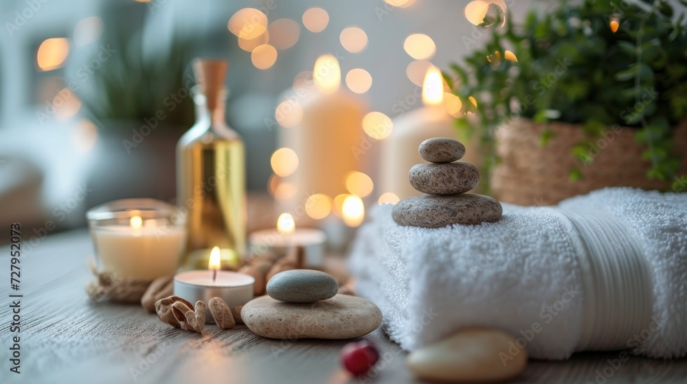 Beautiful spa treatment composition such as Towels, candles, essential oils, Massage Stones on light wooden background. blur living room, natural creams and moisturizing Healthy lifestyle, body care Beautiful spa treatment composition such as Towels, candles, essential oils, Massage Stones on light wooden background. blur living room, natural creams and moisturizing Healthy lifestyle, body care
