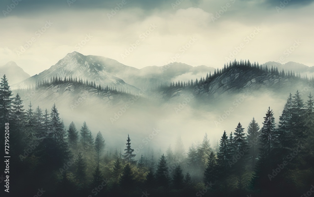 Obraz premium Misty mountain landscape with fir forest in vintage
