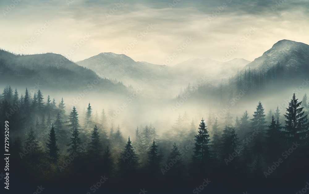 Fototapeta premium Misty mountain landscape with fir forest in vintage