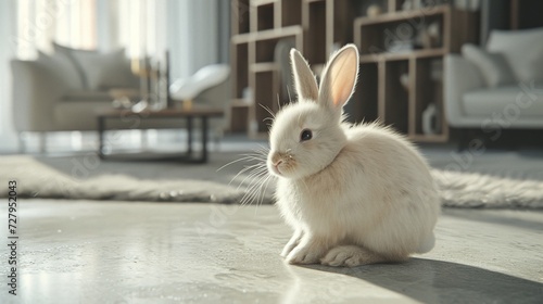 Adorable Fluffy Beige Easter Bunny Sitting on a Soft Gray Rug in a Bright Modern Home Interior with Stylish Furniture and Warm Natural Light
