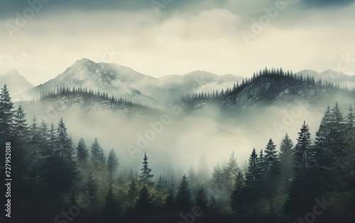 Misty mountain landscape with fir forest in vintage