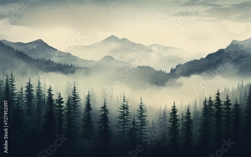 Misty mountain landscape with fir forest in vintage