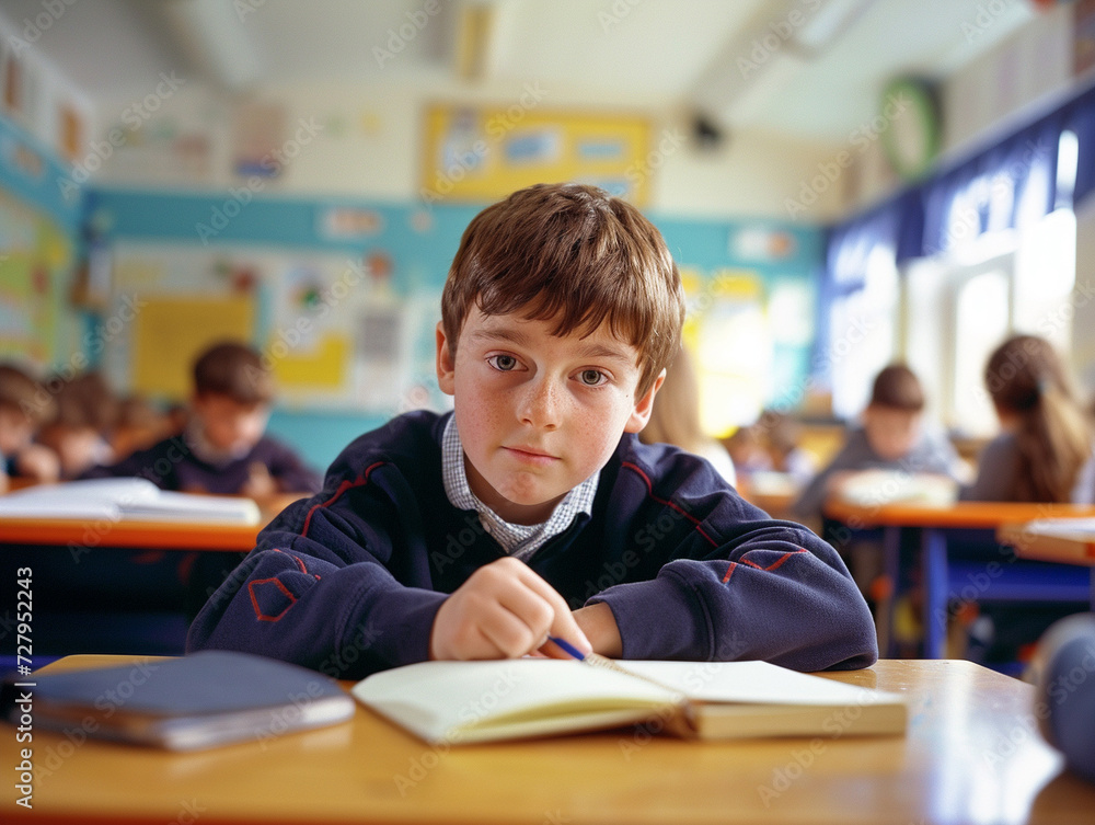 British boy kindergarten student sits and writes note in the classroom, Education in schools in the Europe zone, Classroom in kindergarten. British boy kindergarten student sits and writes note in the classroom, Education in schools in the Europe zone, Classroom in kindergarten.