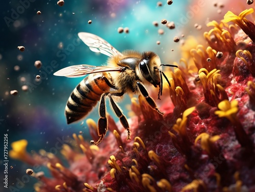Honey Bee Pollinating Pink Flowers Under Bright Sunlight with Pollen Particles in the Air Capturing the Essence of Spring and Ecosystem Interaction © AI Factory