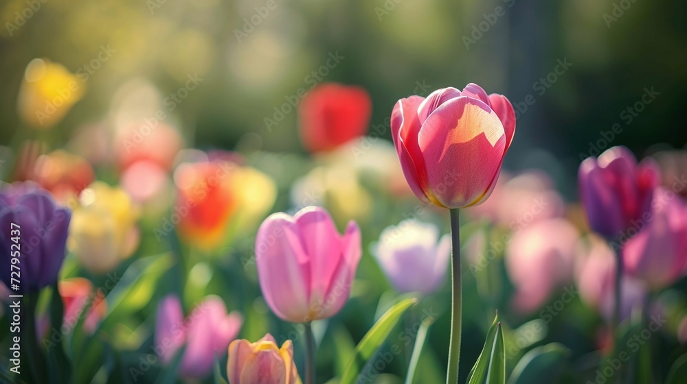 Springtime Splendor Captured in a Sunlit Field of Radiant Pink and Yellow Tulips with Lush Green Foliage, Symbolizing Growth, Beauty, and the Renewal of Nature