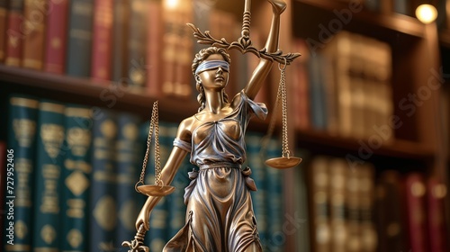 Statue of Lady Justice in front of a bookcase symbolizing law and fairness photo