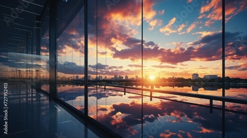 Modern office building or business center. High-rise window buildings made of glass reflect the clouds and the sunlight. empty street outside wall modernity civilization. growing up business