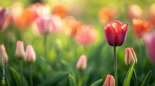 Springtime Splendor Captured in a Sunlit Field of Radiant Pink and Yellow Tulips with Lush Green Foliage, Symbolizing Growth, Beauty, and the Renewal of Nature