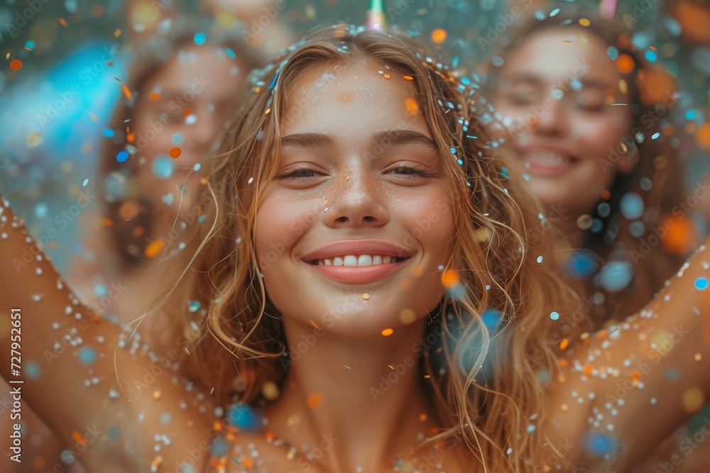 A radiant group of jubilant women beam with joy, their beautiful faces adorned with glittering confetti as they celebrate together in a vibrant portrait A radiant group of jubilant women beam with joy, their beautiful faces adorned with glittering confetti as they celebrate together in a vibrant portrait