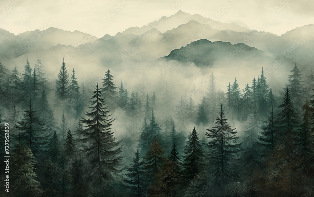 Misty mountain landscape with fir forest in vintage