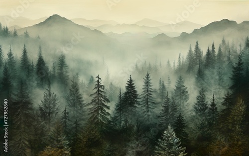 Misty mountain landscape with fir forest in vintage © Stormstudio