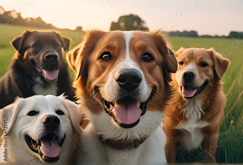 A group of happy dogs with a close-up of one at the front ai generated