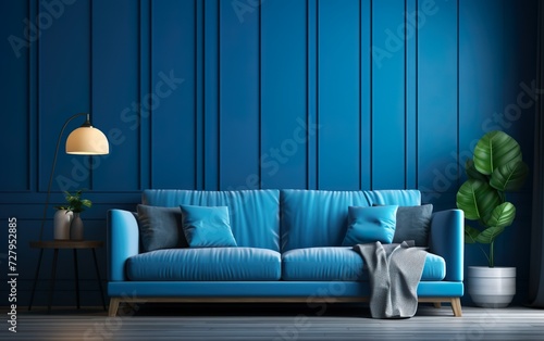 Modern cozy living room and blue wall texture backgound