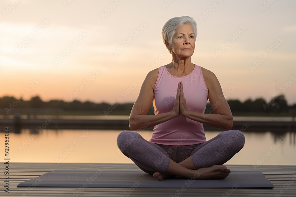 Elderly woman doing yoga meditation on the shore of a lake at sunset.