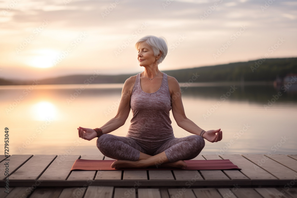 Elderly woman doing yoga meditation on the shore of a lake at sunset.