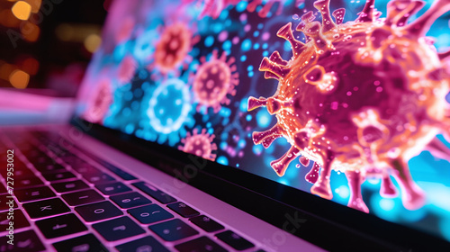 Digital Pandemic Alert 3D Rendering of Virulent Computer Virus on Laptop Screen Signifying Cybersecurity Threats and Malware Infections in Technological Era