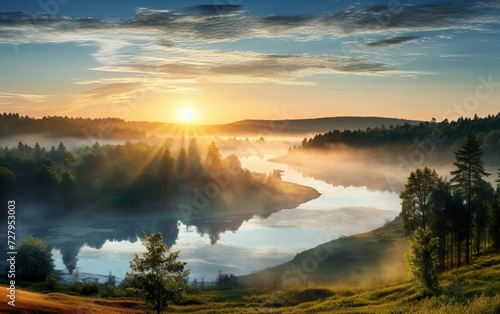 Panorama of a summer landscape with sunrise fog © Stormstudio