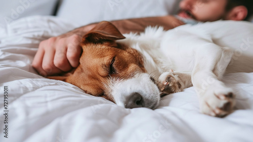Intimate Moments of Relaxation as Young Man and His Trusty Jack Russell Terrier Enjoy a Nap Together in a Bright Bedroom with White Linens Embracing the Comfort and Bond of a Pet-Friendly Home