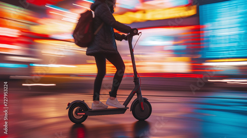 Motion Blurred Image of a Person Riding an Electric Scooter Across a Vibrant City Street Illuminated by Colorful Lights at Night