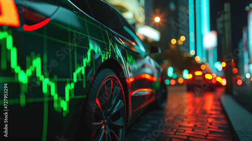 Sleek Electric Car Reflecting Vibrant Green Stock Market Chart on Display in Urban Downtown Setting at Nightfall