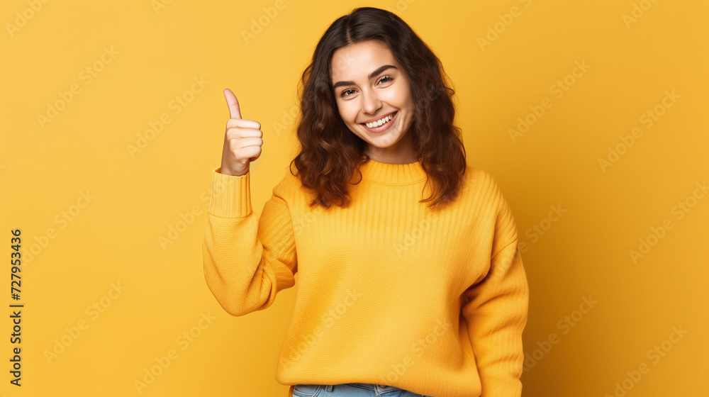Casual and Positive Young Woman in Bright Yellow Sweater Giving Thumbs Up, Cheerful and Approachable Concept Casual and Positive Young Woman in Bright Yellow Sweater Giving Thumbs Up, Cheerful and Approachable Concept