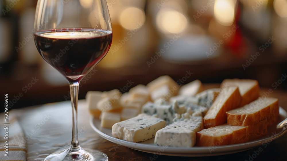 A glass of red wine, with the light reflecting through it, next to a plate of artisan cheese.