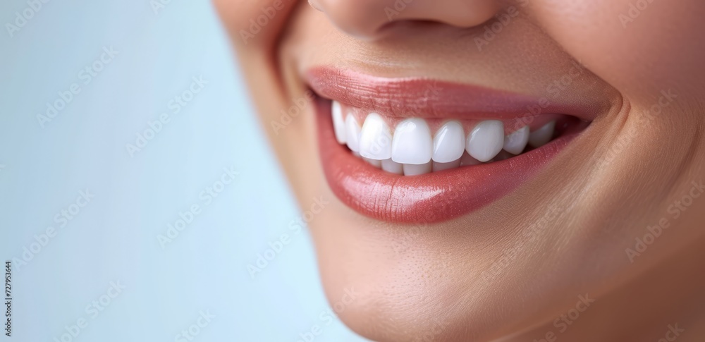close-up of a women smilingon a blue background with space for text , Teeth whitening. Dental clinic patient. Stomatology concept close-up of a women smilingon a blue background with space for text , Teeth whitening. Dental clinic patient. Stomatology concept