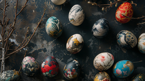 Easter Rustic background. Traditionally decorated eggs on rustic background in dark tones.