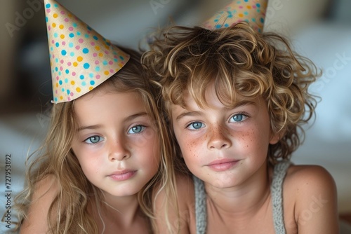 Two young partygoers don festive hats, their faces beaming with excitement as they don their fashionable headgear for a joyous celebration