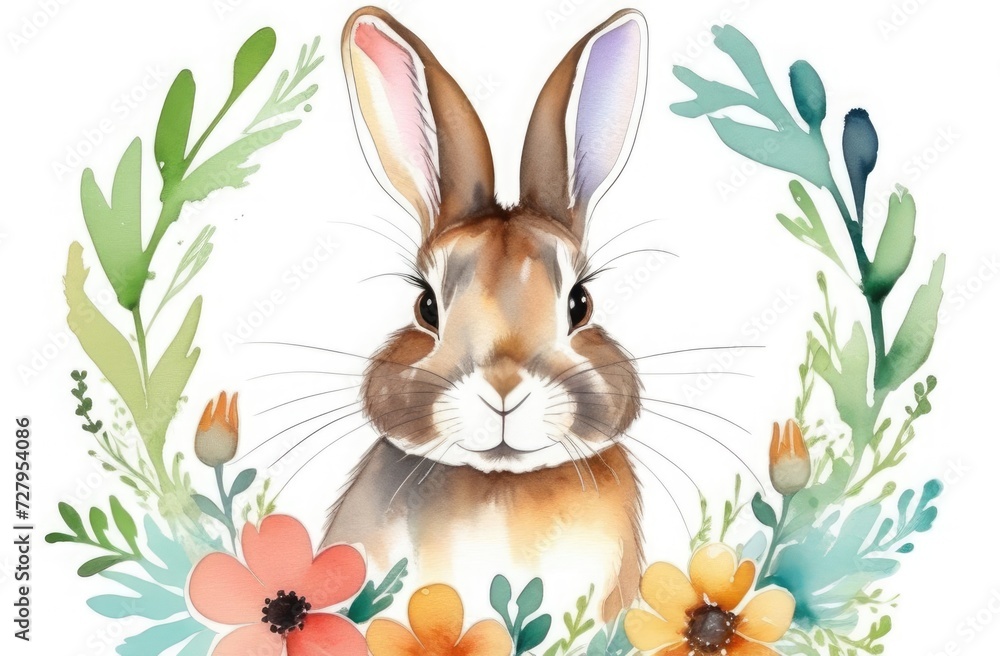Obraz premium Watercolor drawing of a yellow Easter bunny in a flower wreath
