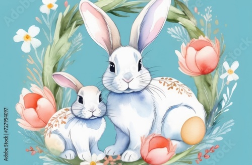 Watercolor drawing of white rabbits in a flower wreath