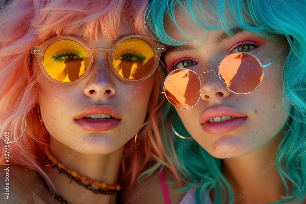 A vibrant group of women with unique hair colors and stylish sunglasses posing outdoors, exuding confidence and individuality through their choice of eyewear and lipstick A vibrant group of women with unique hair colors and stylish sunglasses posing outdoors, exuding confidence and individuality through their choice of eyewear and lipstick