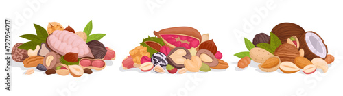 Raw nuts handfuls. Seeds and nuts bunch, peanut, cashew and walnut mix, organic vegetarian nuts mix flat vector illustration set. Delicious nuts and seeds bunches on white