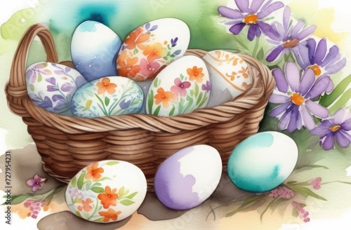 Watercolor drawing of a wicker basket with painted Easter eggs on a background of flowers, Easter card