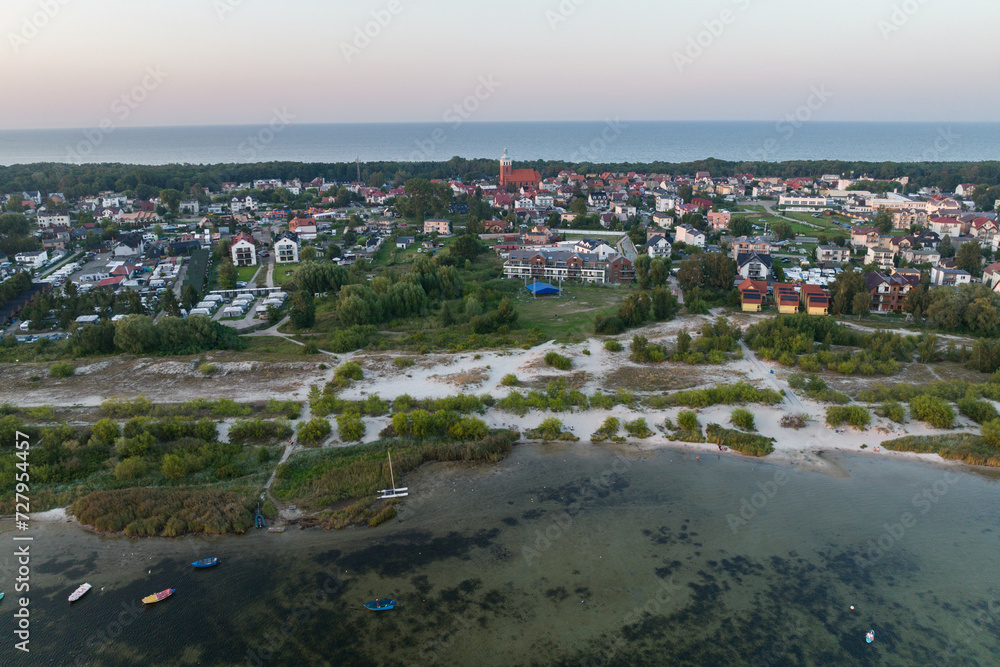 Jastarnia city in Poland. Aerial drone photo view of  Baltic Sea coast in Hel peninsula, Jastarnia. Puck Bay in Poland