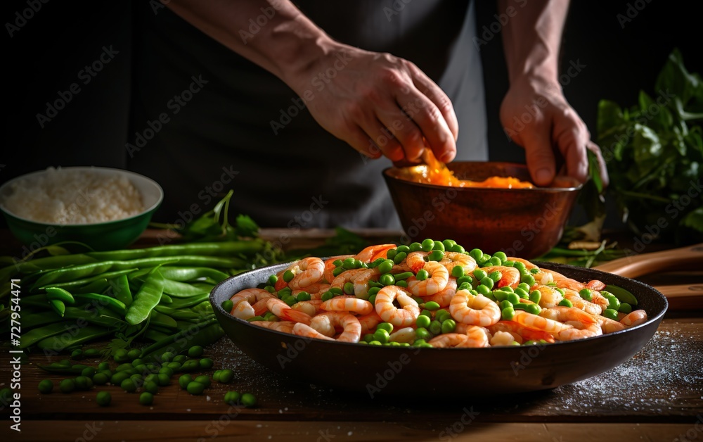 Professional cook prepares shrimps with spring bean
