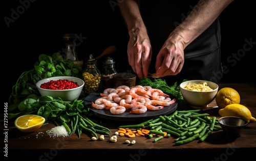 Professional cook prepares shrimps with spring bean