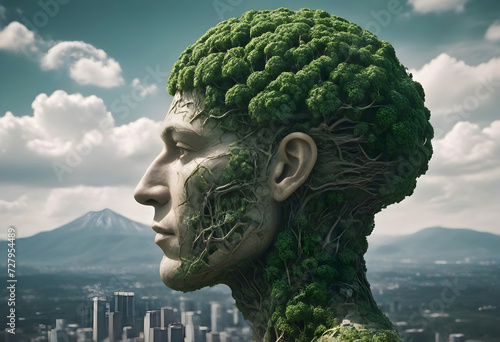 human head with one half depicting a green, tree-covered brain transforming © Shipna