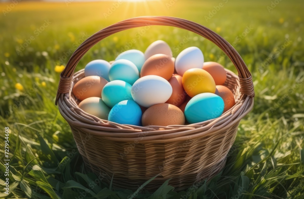 Basket of colorful Easter eggs in the grass Basket of colorful Easter eggs in the grass