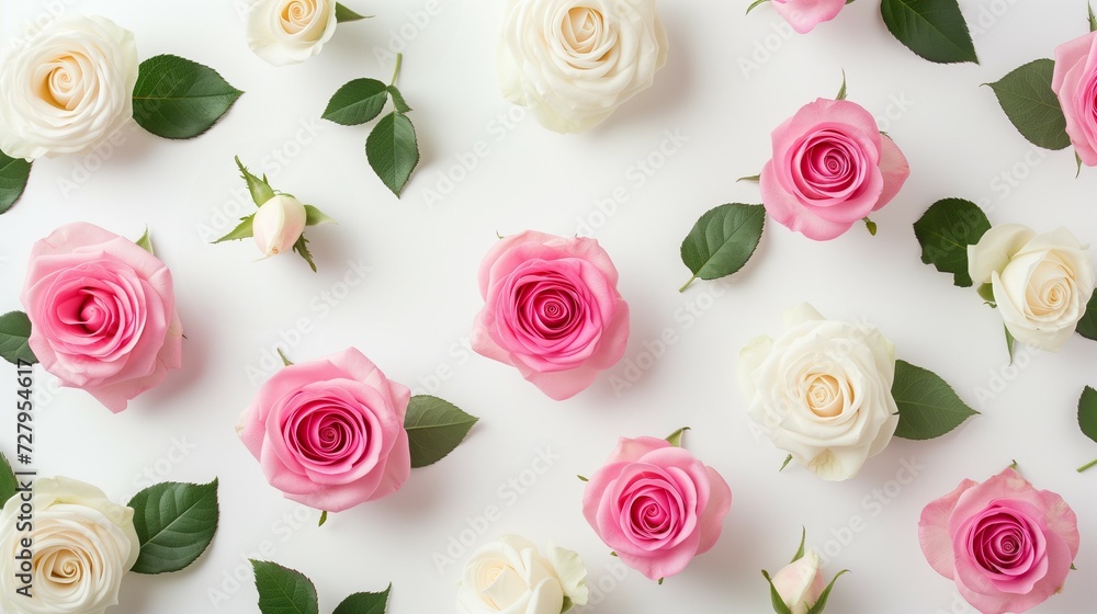 Seamless spring pattern of delicate pink and white roses on white background. Minimal floral composition. Spring awakening concept. Seamless spring pattern of delicate pink and white roses on white background. Minimal floral composition. Spring awakening concept.