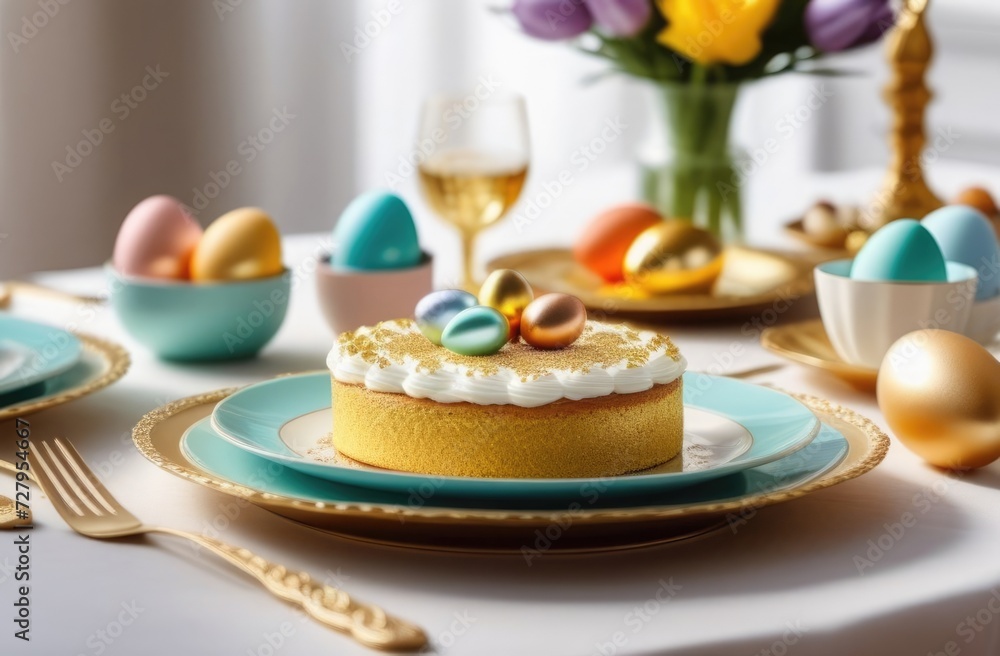 White table served with gold cutlery with Easter eggs and Easter cakes near the window White table served with gold cutlery with Easter eggs and Easter cakes near the window