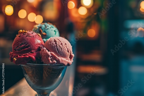 Close up delicious vegetarian multi-colored ice cream on a blurred cafe background. Healthy sweet food concept. photo