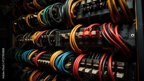 Close-up view of a network server, data center's cable management system. Technology, connectivity and data communication concept.
