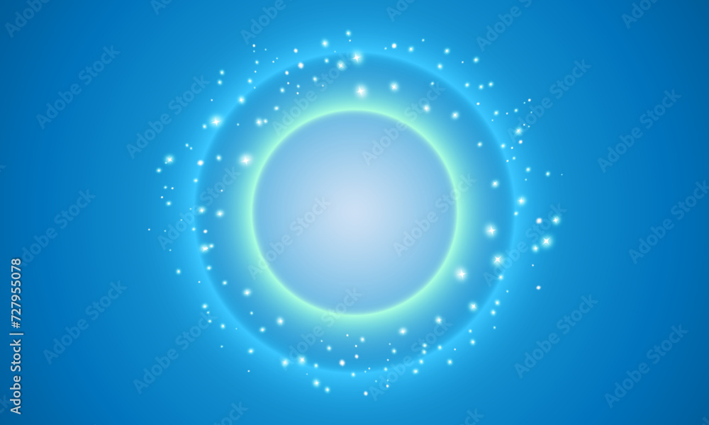 Futuristic blue circle glowing neon light in gradient blue background. sparkle light. 