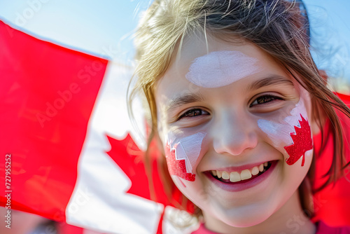 Girl participating in parade with her face painted, Canada Day, July