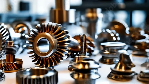 High-quality metal gear parts for machinery precision engineering displayed on a white surface in a clean, modern industrial design environment photo