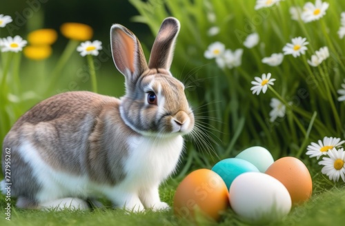 Hare with colored eggs in green grass  Easter card