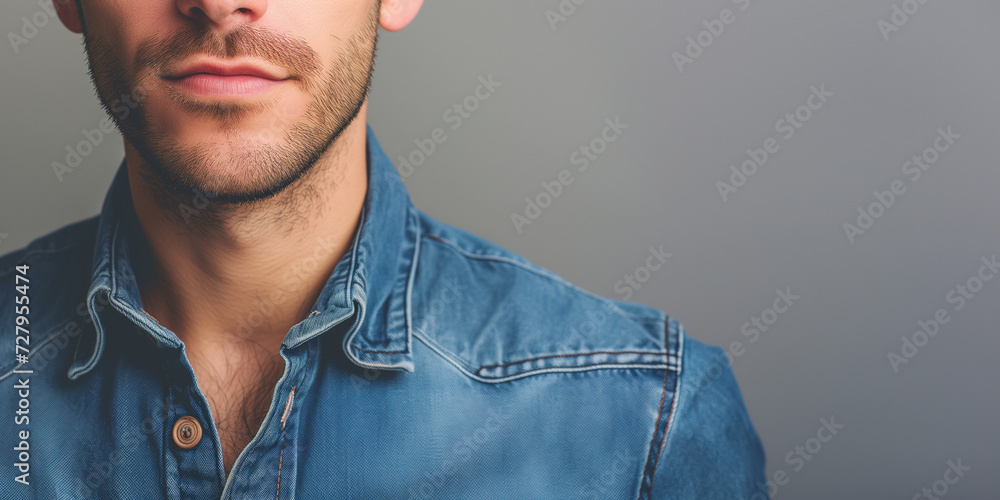 Fototapeta premium Young man with a sharp gaze, half face visible, stubble and denim shirt detailing against a smooth grey backdrop